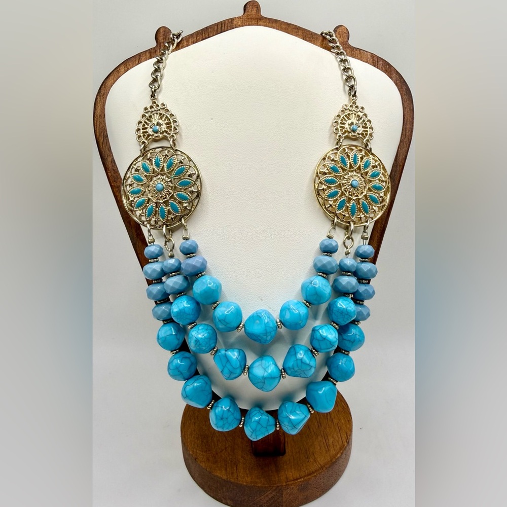 Turquoise Gold Boho Bib Southwestern Style Necklace